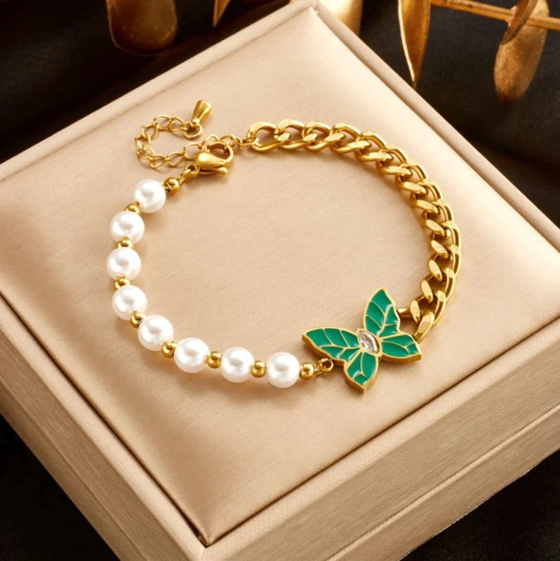 Golden Butterfly Pearl Bracelet